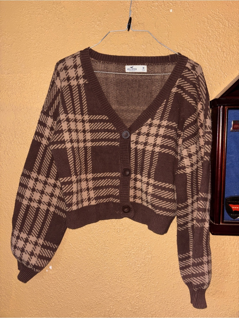 Hollister Brown Plaid Cropped Button Cardigan Sweater